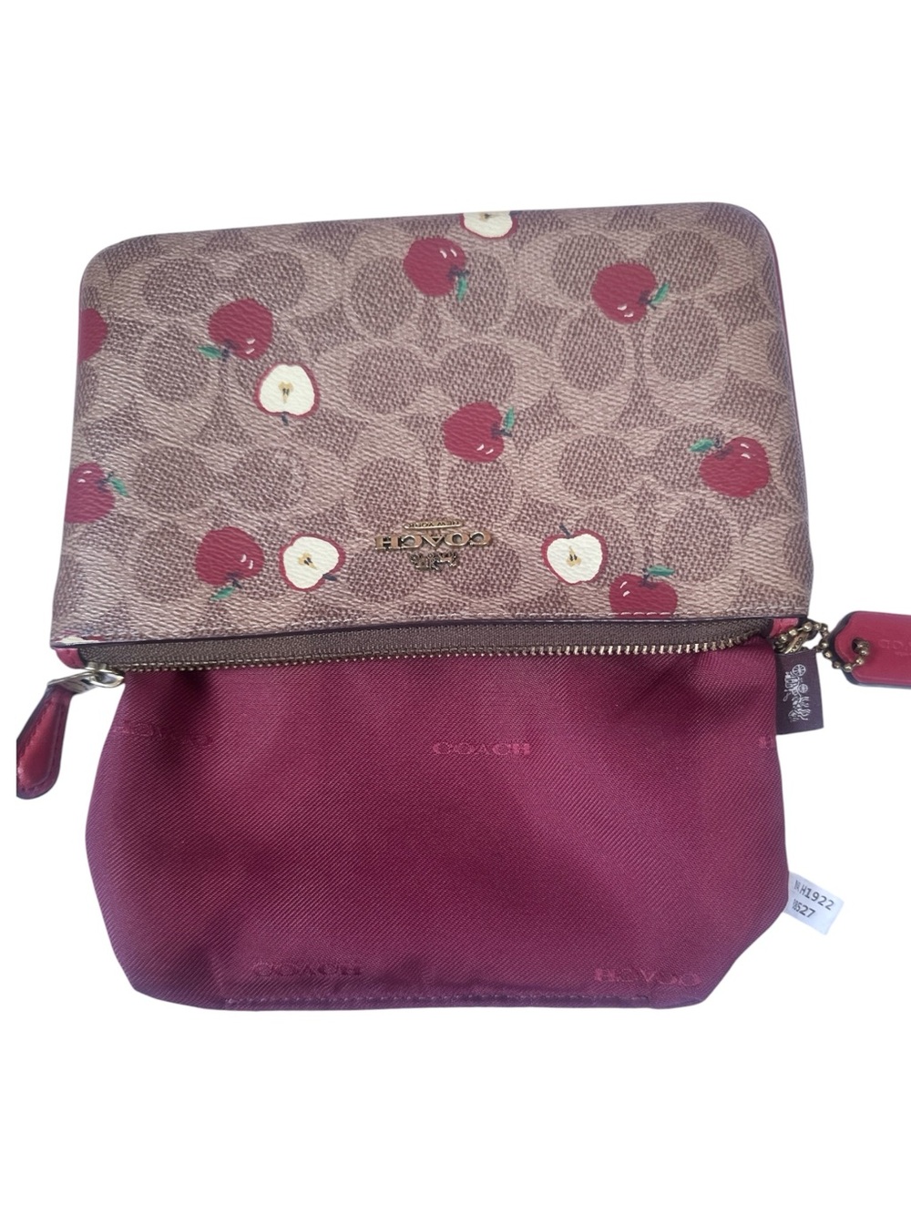 COACH Brown Signature Canvas Wristlet with Red & Cream Apple Print - Picture 11 of 11